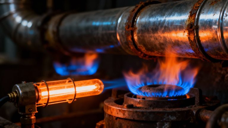 Heating system furnace with visible flames and components.
