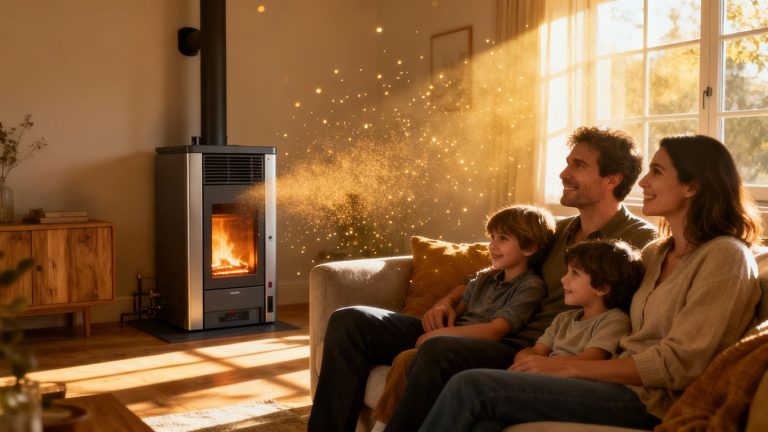 Cozy living room with a modern furnace and a happy family.