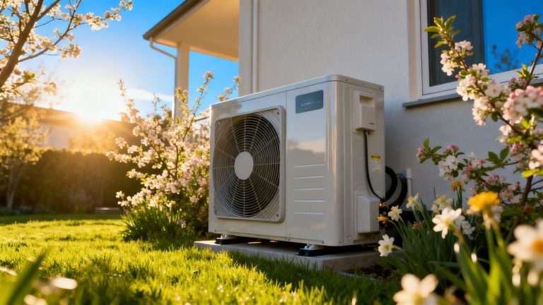 Heat pump unit outdoors with spring flowers and sunshine.