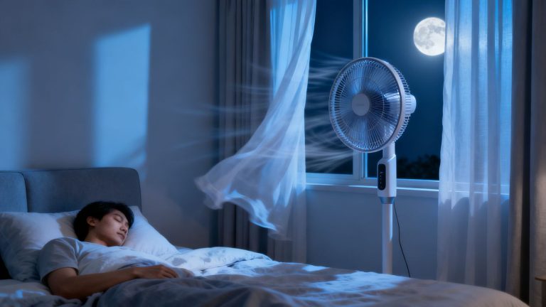 Quiet bedroom fan cooling a room at night.