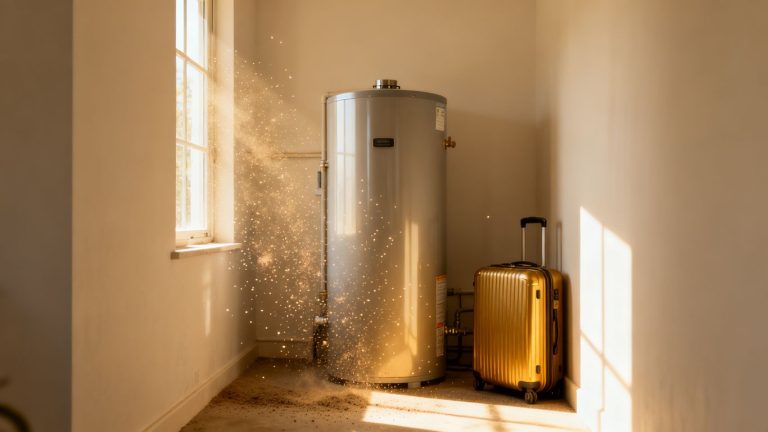 Water heater and travel suitcase ready for summer trip.